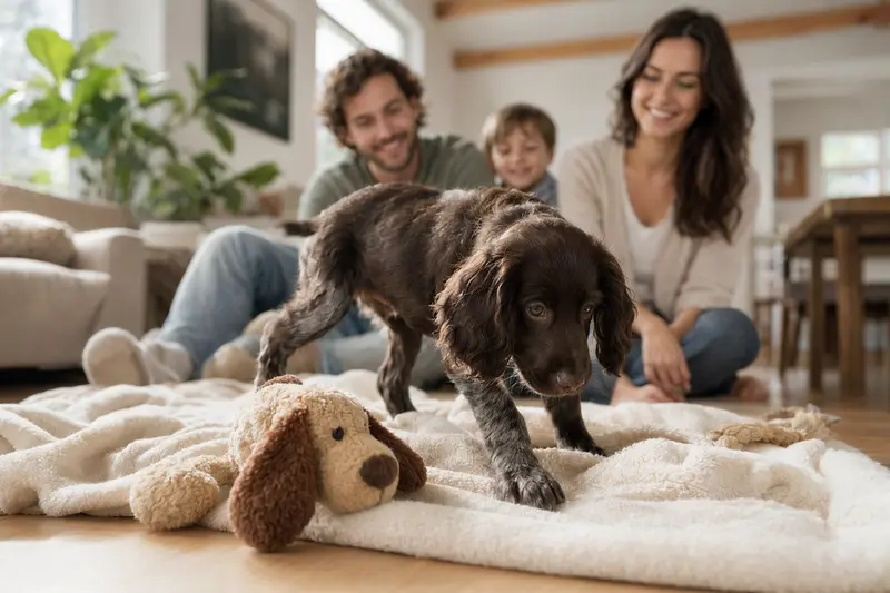 Ein junger Field Spaniel Welpe erkundet neugierig sein neues Zuhause mit lächelnden Familienmitgliedern im Hintergrund.