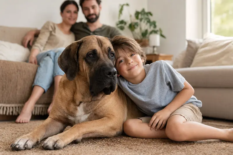 Ein entspannter Fila Brasileiro liegt neben einem Kind im Wohnzimmer und schafft eine vertrauensvolle Atmosphäre.