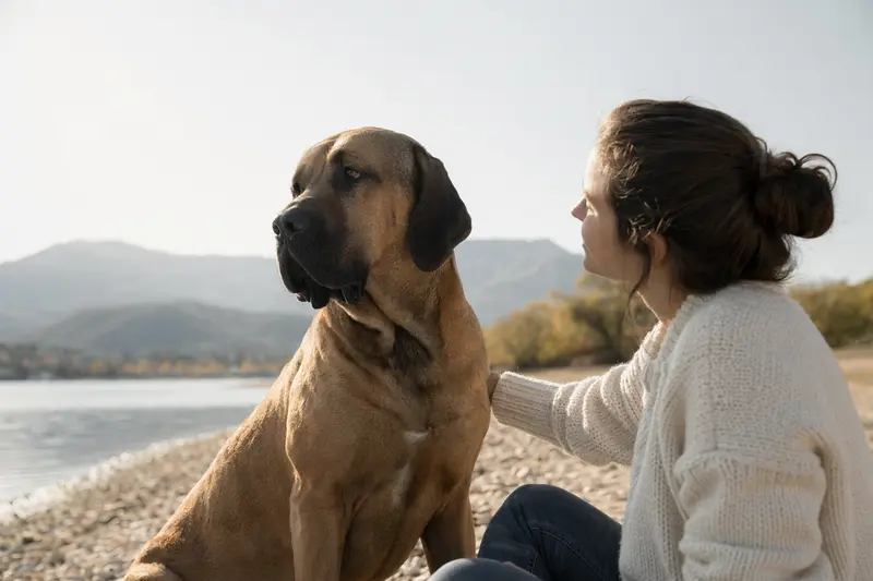 Ein aufmerksam stehender Fila Brasileiro Hund vor hellem Hintergrund als realistisches Tierportrait.