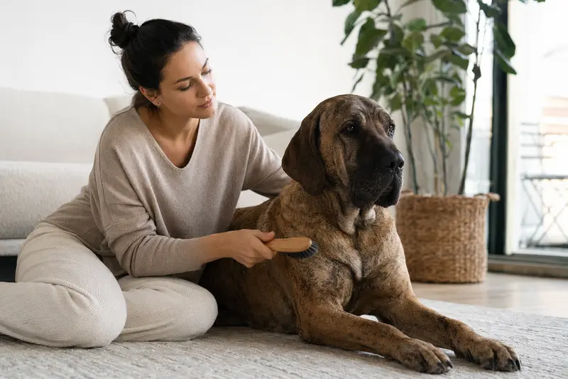 Ein Fila Brasileiro wird in einer hellen Wohnung von seinem Besitzer sanft gebürstet und gepflegt.