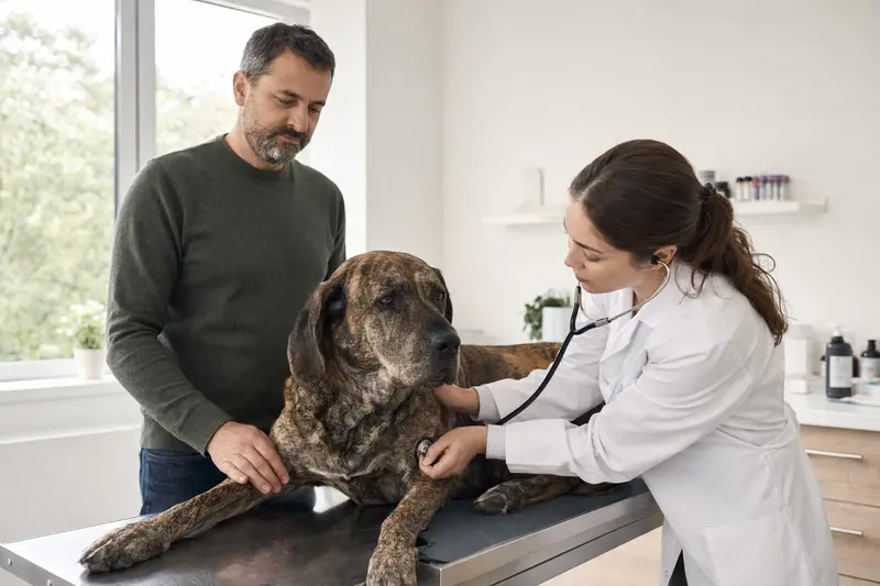 Ein ruhiger Fila Brasileiro Hund wird von einer freundlichen Tierärztin mit einem Stethoskop in einer modernen Tierarztpraxis untersucht.