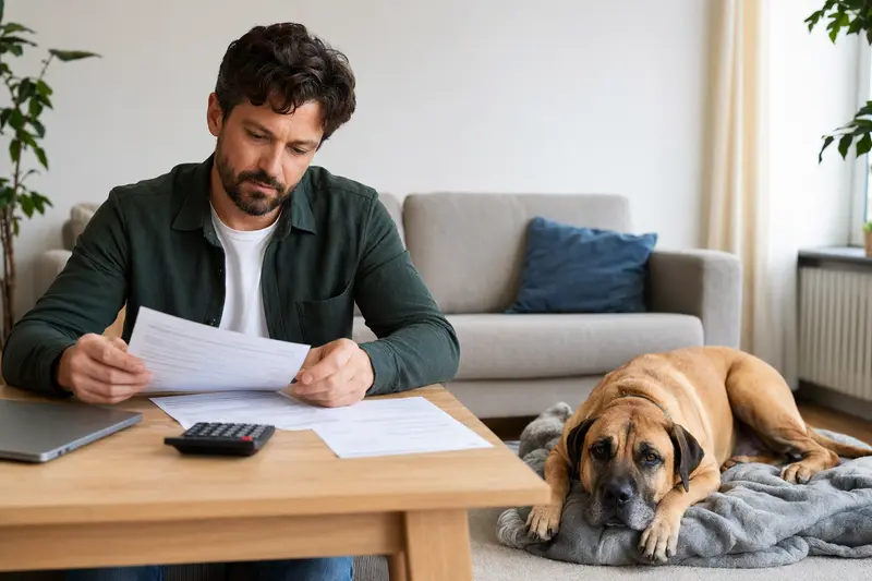 Ein Hundebesitzer sitzt mit einer Tierarztrechnung am Tisch, während ein entspannter Fila Brasileiro auf einer Decke in der hellen Wohnung liegt.