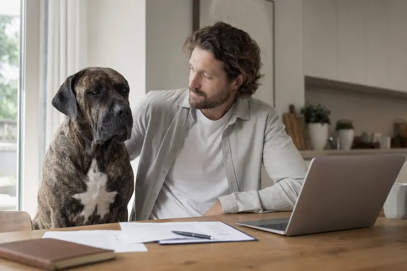 Ein Fila Brasileiro Hund sitzt ruhig neben seinem Besitzer am Küchentisch mit Versicherungsunterlagen und einem Laptop.