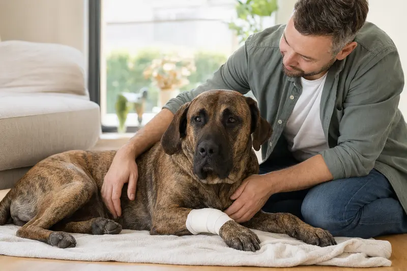 Ein Fila Brasileiro Hund mit leichtem Verband an der Pfote liegt entspannt auf einer Decke, während sein Besitzer neben ihm sitzt und sichtbare Erleichterung zeigt.