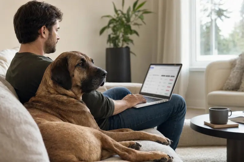 Ein Hundebesitzer sitzt mit einem Fila Brasileiro und einem Laptop auf dem Sofa, während er Informationen zu Tierversicherungen sucht.