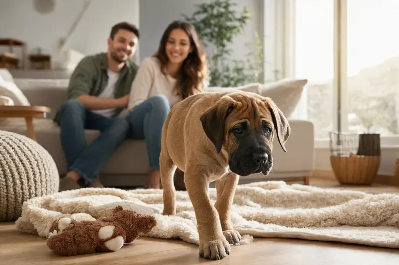 Ein neugieriger Fila Brasileiro Welpe erkundet sein neues Zuhause, umgeben von einem gemütlichen Spielzeug und einer liebevollen Familie.
