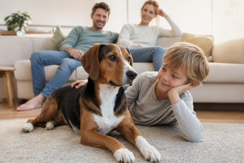 Ein freundlicher Finnenbracke Hund liegt entspannt neben einem Kind in einer warmen und sicheren Familienatmosphäre.