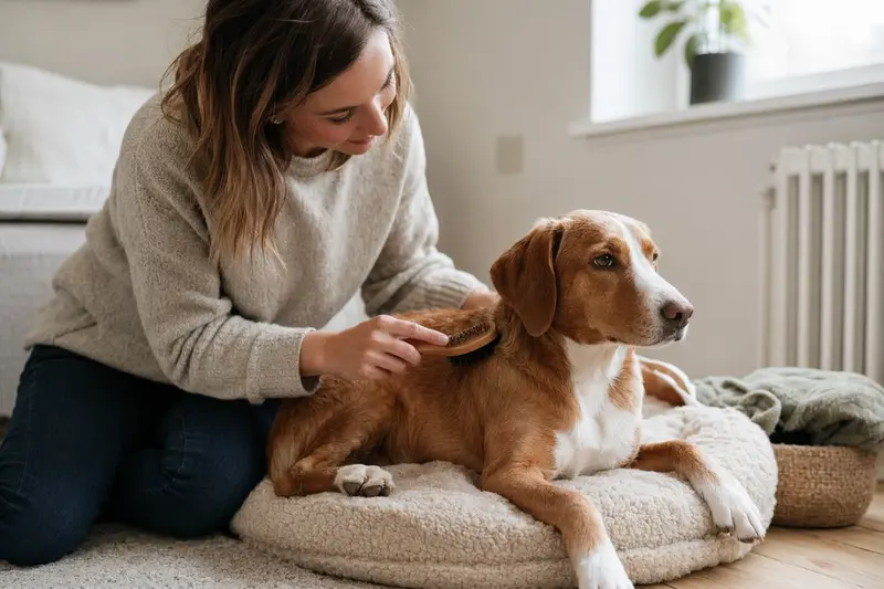 Ein Finnenbracke Hund wird zuhause sanft gebürstet, während sein Besitzer die Fellpflege ruhig und liebevoll übernimmt.