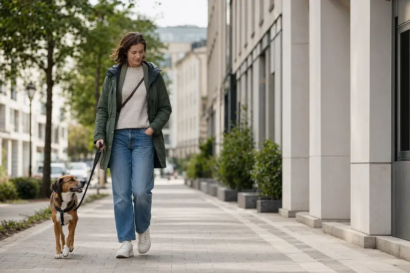 Ein Finnenbracke-Hund läuft an der Leine mit seinem Besitzer durch eine freundliche moderne Stadtstraße.