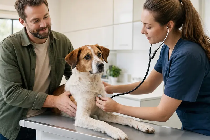 Der ruhige Finnenbracke Hund wird von einer freundlichen Tierärztin mit einem Stethoskop in einer modernen Tierarztpraxis untersucht.