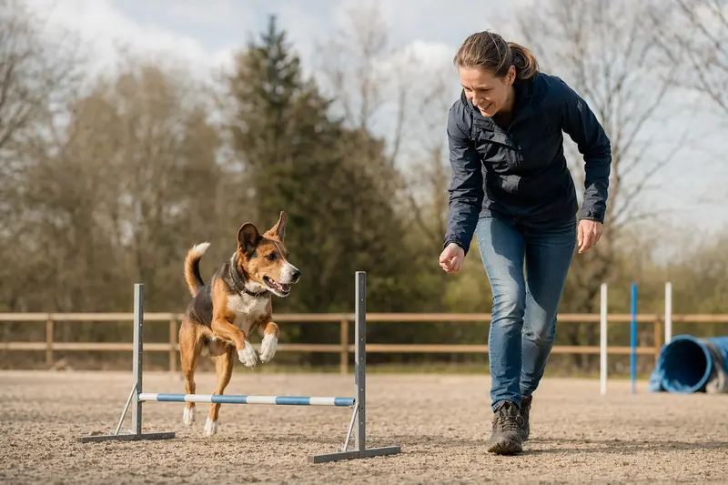 Ein Finnenbracke-Hund trainiert mit seinem Besitzer über eine kleine Hürde auf dem Hundeplatz bei sonnigem Wetter.