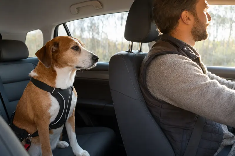 Ein Finnenbracke Hund sitzt angeschnallt auf der Rückbank eines Autos und genießt die Autofahrt mit seinem verantwortungsbewussten Besitzer.