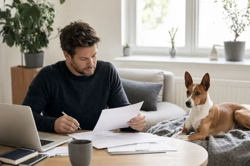Ein Hundehalter sitzt mit einer Tierarztrechnung am Tisch, während ein entspannter Finnenbracke auf einer Decke neben ihm liegt – ein ruhiges Motiv zum Thema Hundeversicherung und Tierarztkosten.