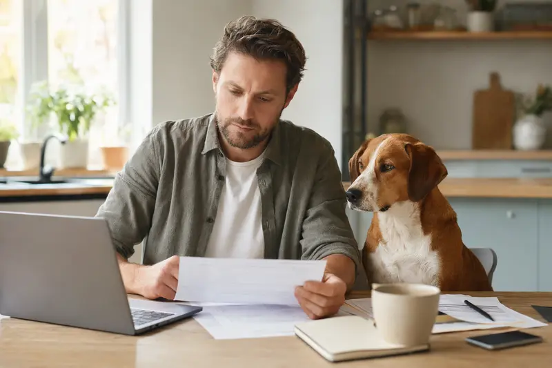 Een Finnenbracke Hund sitzt ruhig neben seinem Besitzer am Küchentisch mit Versicherungsunterlagen und Laptop.