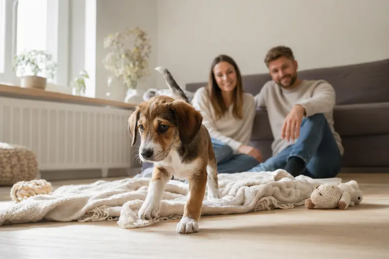 Ein junger Finnenbracke Welpe erkundet neugierig sein neues Zuhause mit weicher Decke und Spielzeug.