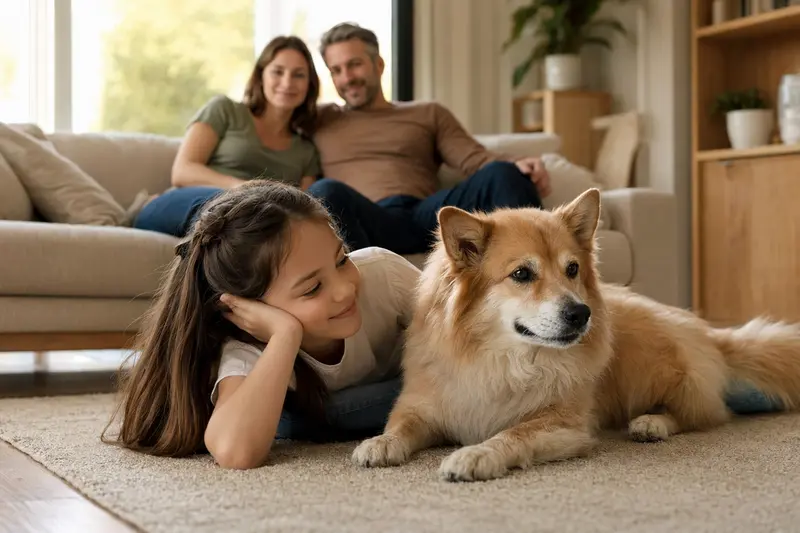 Ein entspannter Finnenspitz Hund liegt neben einem Kind im Wohnzimmer und vermittelt eine warme Familienatmosphäre.