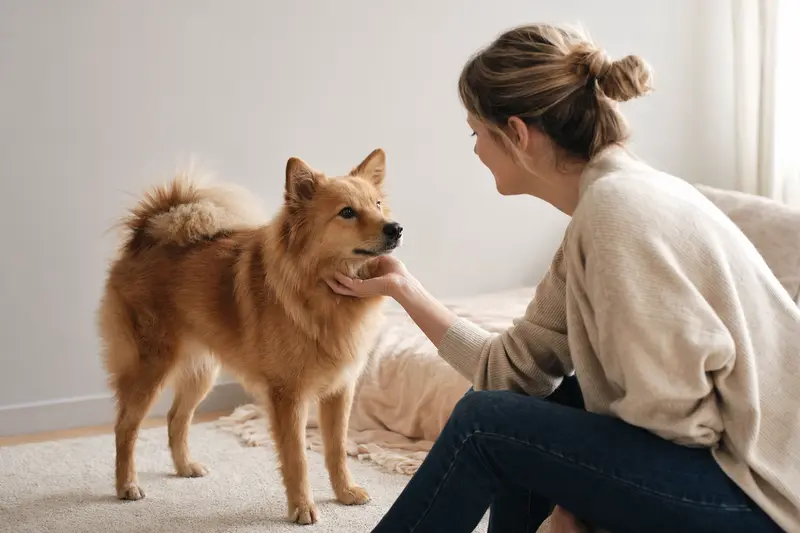 Aufmerksam stehender Finnenspitz vor hellem Hintergrund als professionelles Tierportrait