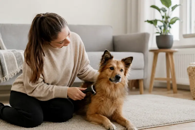 Ein Finnenspitz wird in einer hellen Wohnung liebevoll gebürstet, während der Besitzer seine Fellpflege ruhig und aufmerksam übernimmt.