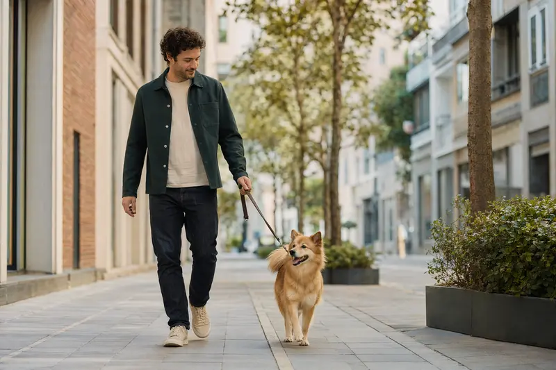 Ein Finnenspitz läuft an der Leine mit seinem Besitzer durch eine freundliche moderne Stadtstraße.
