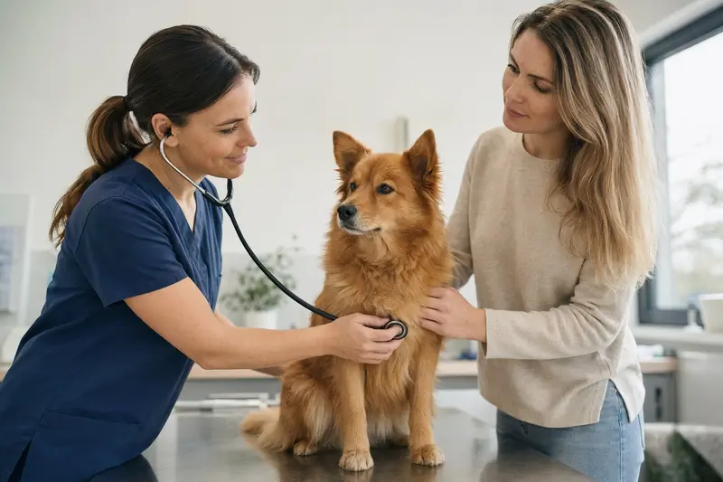 Ein Finnenspitz Hund wird von einer Tierärztin in einer modernen Tierarztpraxis mit einem Stethoskop untersucht.