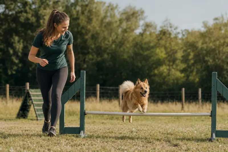 Ein Finnenspitz springt mit seinem Besitzer über eine kleine Trainingshürde auf dem Hundeplatz und zeigt dabei Freude und Bewegung.