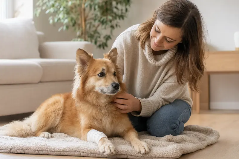 Ein Finnenspitz liegt auf einer Decke mit einem leichten Verband an der Pfote, während sein erleichterter Besitzer daneben sitzt.