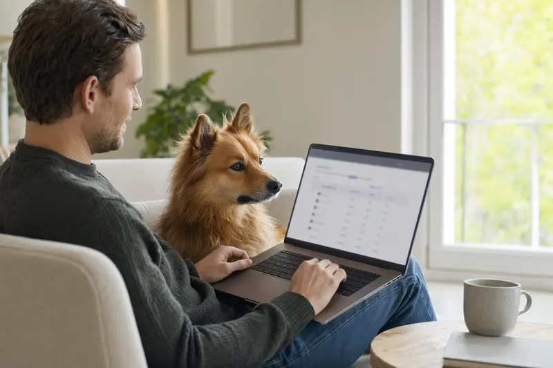 Ein Besitzer sitzt mit einem Laptop auf dem Sofa, während sein Finnenspitz-Hund neben ihm liegt, der Bildschirm zeigt eine neutrale Versicherungsvergleichs-Oberfläche.