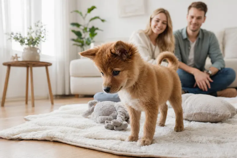 Ein neugieriger Finnenspitz Welpe erkundet sein neues Zuhause auf einer weichen Decke, während seine liebevolle Familie im Hintergrund zu sehen ist.