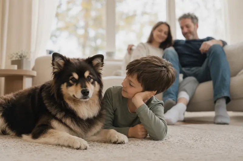 Ein freundlicher Finnischer Lapphund liegt entspannt neben einem Kind im Wohnzimmer und schafft eine harmonische Familienatmosphäre.