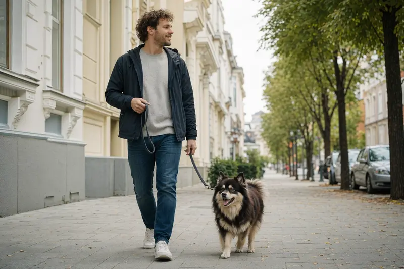 Ein Finnischer Lapphund läuft an der Leine mit seinem Besitzer durch eine moderne Stadtstraße.