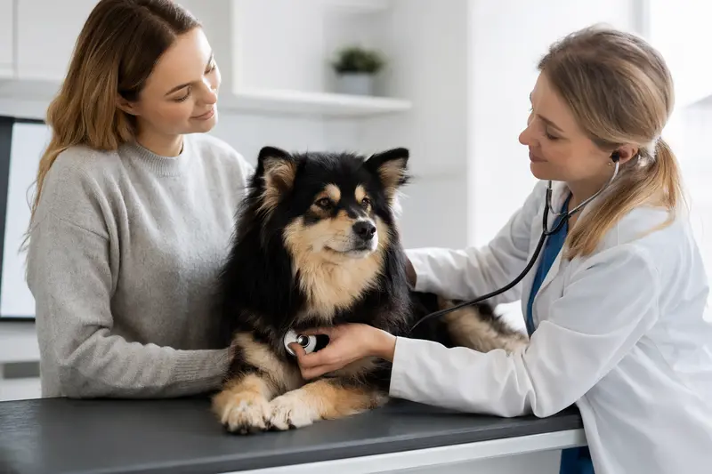 Eine Tierärztin untersucht vorsichtig einen ruhigen Finnischen Lapphund auf einem Untersuchungstisch in einer modernen Praxis.