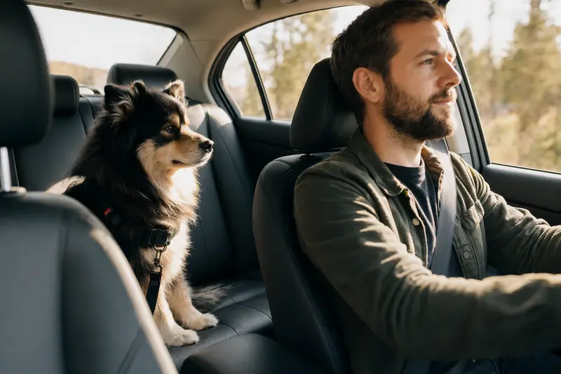 Ein Finnischer Lapphund sitzt sicher angeschnallt auf der Rückbank eines Autos, während die Sonne durch das Fenster scheint.