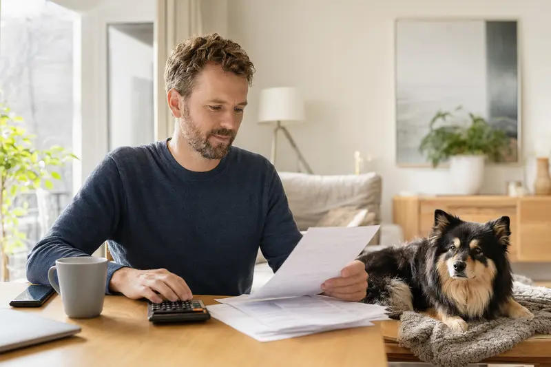 Ein Besitzer sitzt mit einer Tierarztrechnung am Tisch, während ein entspannter Finnischer Lapphund auf einer Decke daneben liegt – ein ruhiges Bild zum Thema Hundekrankenversicherung und Tierarztkosten.