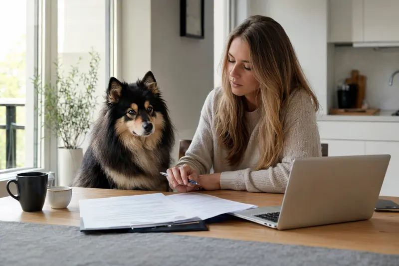 Ein Finnischer Lapphund sitzt entspannt neben seinem Besitzer am Tisch mit Versicherungsunterlagen und Laptop.