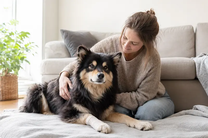 Ein Finnischer Lapphund mit leichtem Verband an der Pfote liegt entspannt auf einer Decke, während sein Besitzer beruhigt neben ihm sitzt.