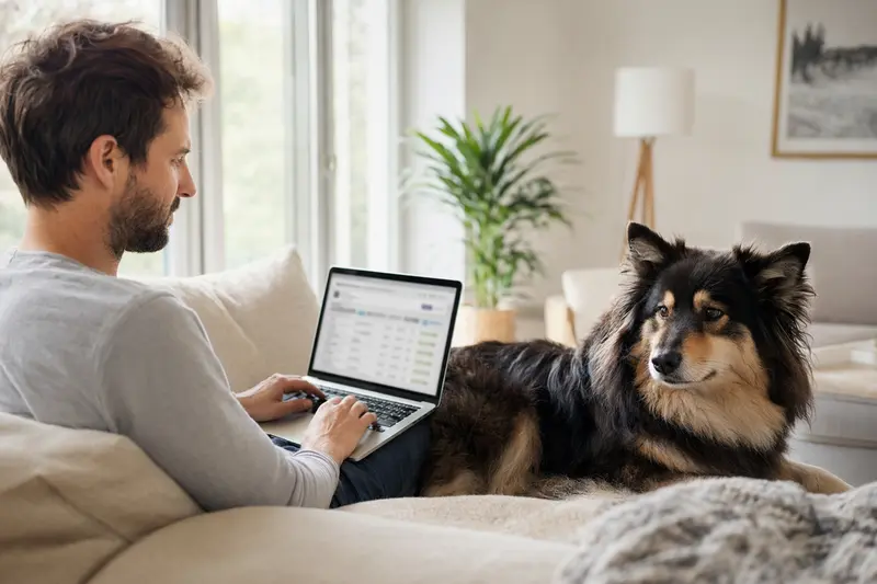Ein Hundebesitzer sitzt mit einem Finnischen Lapphund auf dem Sofa und vergleicht Versicherungen auf seinem Laptop in einer ruhigen Wohnung.
