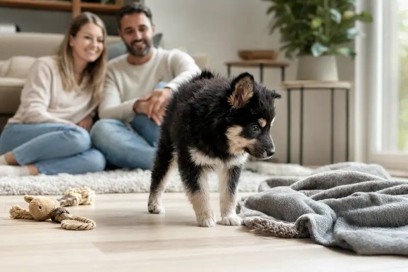 Ein junger Finnischer Lapphund Welpe erkundet neugierig sein neues Zuhause mit einer weichen Decke und Spielzeug, während eine liebevolle Familie im Hintergrund zu sehen ist.