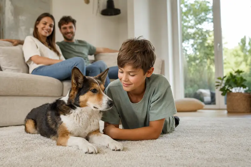 Ein freundlicher Finnischer Laufhund liegt entspannt neben einem Kind im Wohnzimmer, während die Eltern im Hintergrund eine sichere Familienatmosphäre schaffen.