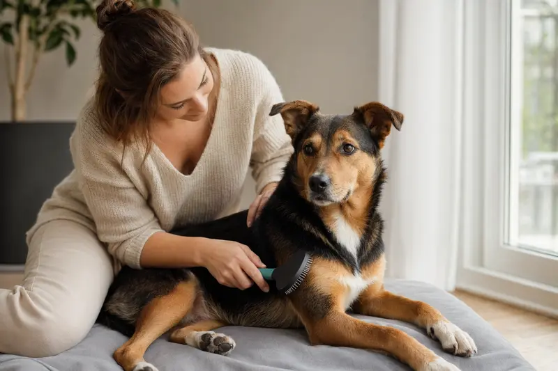 Ein Finnischer Laufhund wird in einer hellen Wohnung sanft gebürstet, während sich der Besitzer liebevoll um die Fellpflege kümmert.