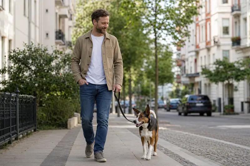 Ein Finnischer Laufhund läuft angeleint mit seinem Besitzer entspannt durch eine freundliche moderne Stadtstraße.