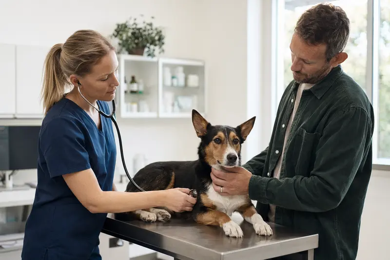 Eine Tierärztin untersucht einen ruhigen Finnischen Laufhund mit dem Stethoskop, während der Besitzer in der modernen Tierarztpraxis beruhigend danebensteht.