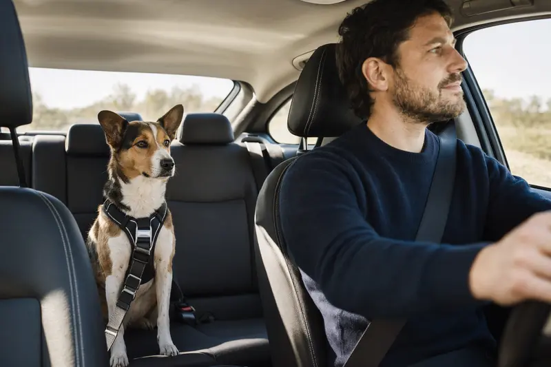 Ein Finnischer Laufhund sitzt sicher angeschnallt auf der Rückbank eines Autos, während sein Besitzer ruhig fährt.