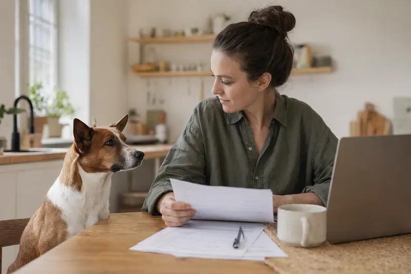 Ein Finnischer Laufhund sitzt ruhig neben seinem Besitzer am Küchentisch, während Versicherungsunterlagen und ein Laptop mit einer neutralen Vergleichsseite darauf liegen.