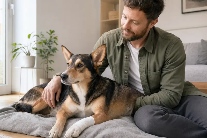 Finnischer Laufhund mit leicht verbundenem Pfötchen liegt ruhig auf einer Decke, während sein Besitzer neben ihm sitzt und erleichtert wirkt.