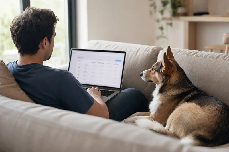Ein finnischer Laufhund liegt neben seinem Besitzer auf dem Sofa, während dieser am Laptop arbeitet und einen Versicherungsvergleich nutzt.