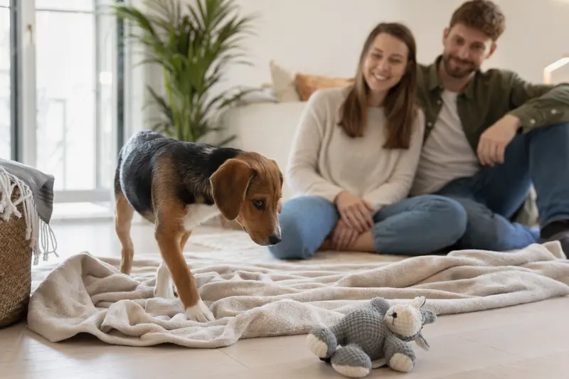Finnischer Laufhund Welpe entdeckt neugierig sein neues Zuhause auf einer weichen Decke in einer hellen Wohnung.