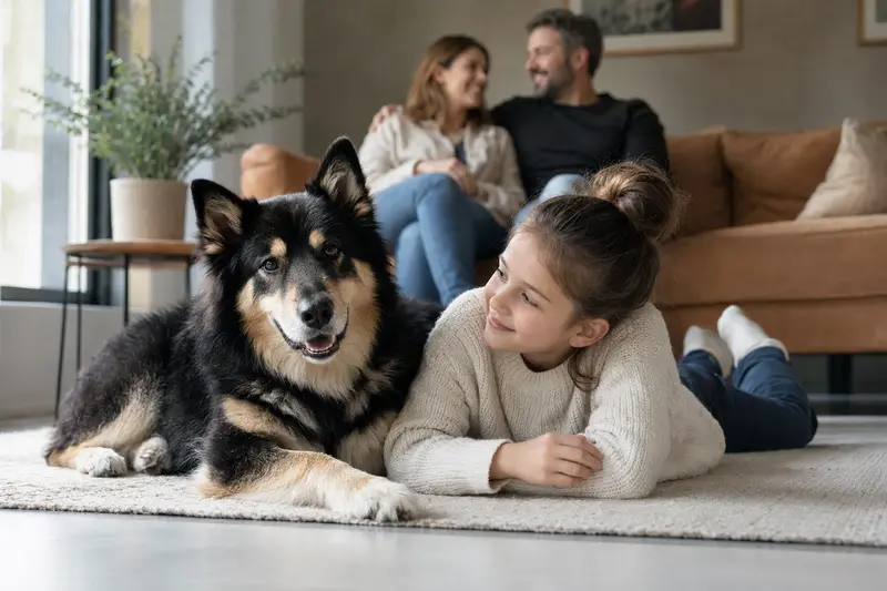 Ein entspannter Finnischer Rentierhütehund liegt neben einem glücklichen Kind in einem lichtdurchfluteten Wohnzimmer.