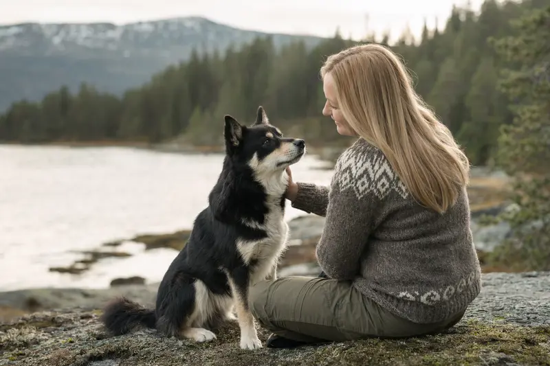 Finnischer Rentierhütehund in aufmerksamer Haltung vor hellem Hintergrund, als realistisches Tierportrait mit typischer Fellstruktur.