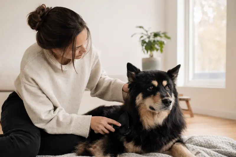 Ein Finnischer Rentierhütehund wird in einer hellen Wohnung sanft gebürstet, während sein Besitzer die Fellpflege liebevoll übernimmt.