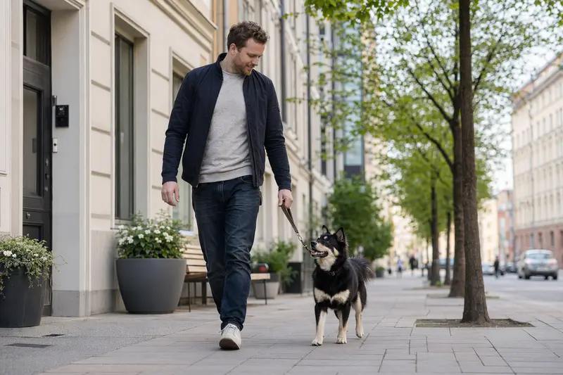 Ein Finnischer Rentierhütehund läuft an der Leine mit seinem Besitzer entspannt durch eine moderne Stadtstraße.